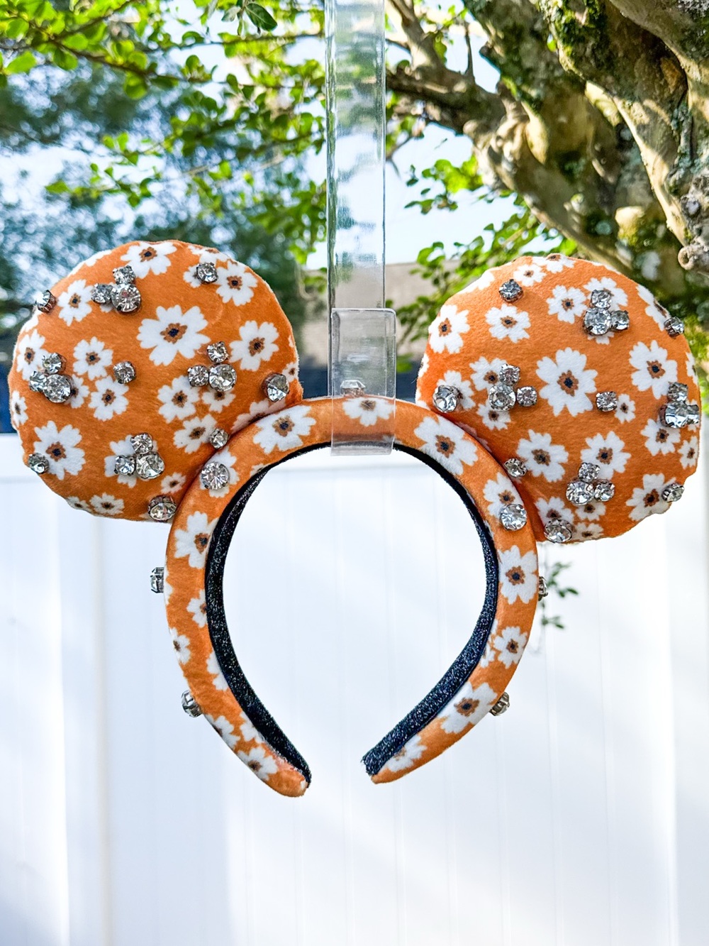 Disney Inspired Orange Daisy Rhinestone Minnie Ears Adult Headband Sparkle